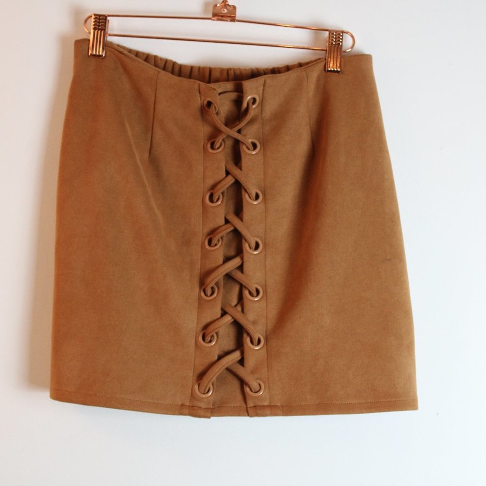 Shinestar Faux Suede Lace Front Skirt Tan Size L